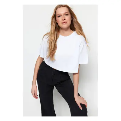 Trendyol White 100% Cotton Premium Crop Crew Neck Knitted T-Shirt