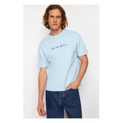 Trendyol Blue Oversize/Wide Cut Puffy Text Printed Short Sleeve T-Shirt with Solid Fabric