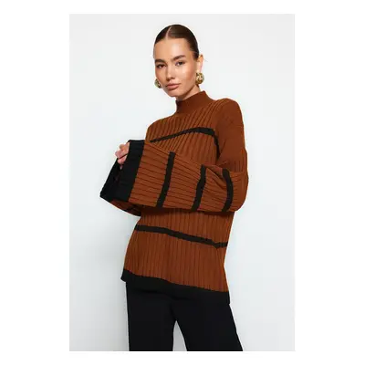 Trendyol Cinnamon Wide Pattern Striped Knitwear Sweater