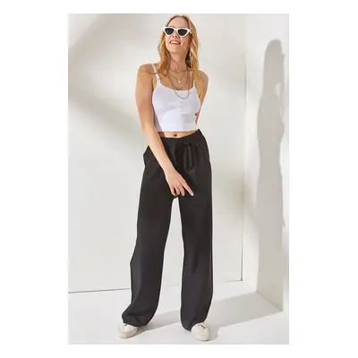 Olalook Women's Black Elastic Waist and Laced Palazzo Linen Trousers