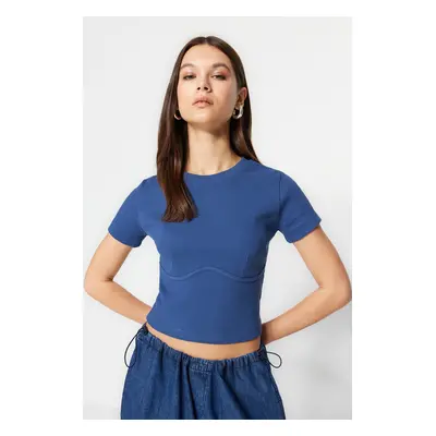 Trendyol Indigo Pile Detailed Crew Neck Crop Corduroy Knitted Stretch Blouse