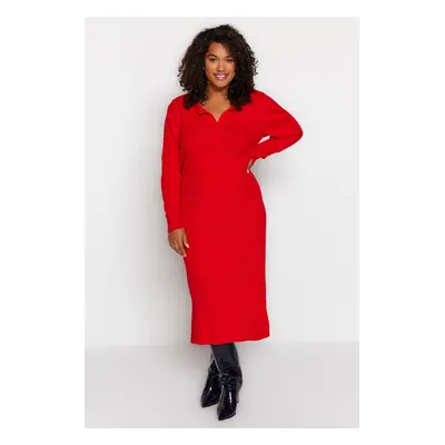 Trendyol Curve Red Polo Neck Ribbed Knitwear Dress