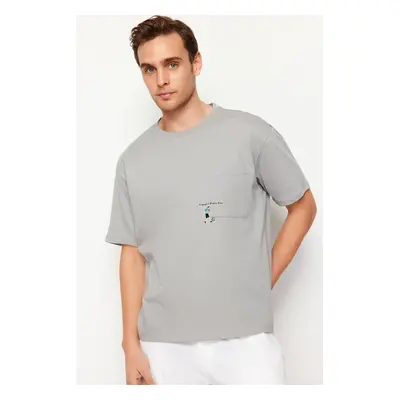 Trendyol Grey Oversize/Wide Cut Pocket Embroidered 100% Cotton T-Shirt