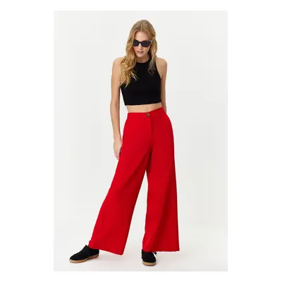 Trendyol Red Wide Leg Woven Trousers with Side Buttons