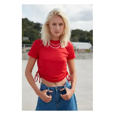 Trendyol Red 100% Cotton Basic Crew Neck Knitted T-Shirt with Gather Detail