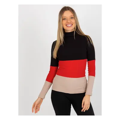 Basic black-red ribbed cotton turtleneck blouse