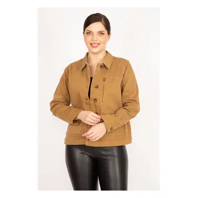 Şans Women's Camel Plus Size Gabardine Fabric Front Buttoned Zipper And Pocket Detailed Coat