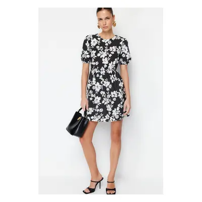 Trendyol Black Floral Skater/Belt Opening Back Detail Mini Woven Dress