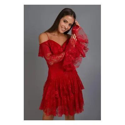 Carmen Red Lace Long Sleeve Short Evening Dress