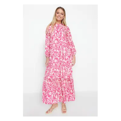 Trendyol Dark Pink Floral Half Pat Hem Frilly Lined Woven Dress