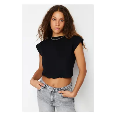 Trendyol Black 100% Cotton With Stopper Moon Sleeve Regular/Normal Fit Crop Knitted T-Shirt