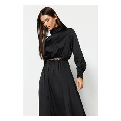 Trendyol Black Collar and Cuff Draped Detail Belted Woven Evening Dress