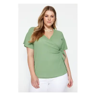 Trendyol Curve Dark Mint Double Breasted Tie Detailed Knitted Blouse