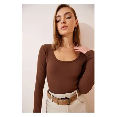 Happiness İstanbul Women's Brown U Neck Ribbed Knitted Blouse