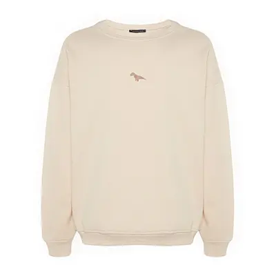 Trendyol Beige Crew Neck Oversize/Wide Cut Fleece Inside/Warm Dinosaur Embroidery Sweatshirt