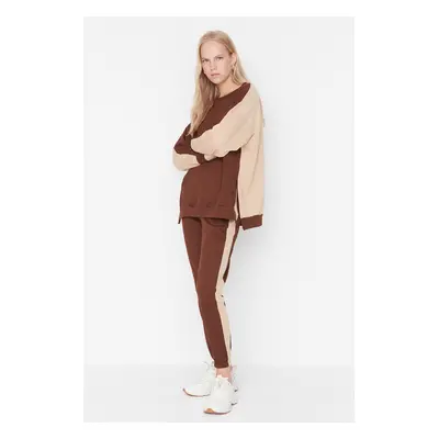 Trendyol Brown Color Block Thin Knitted Tracksuit Set