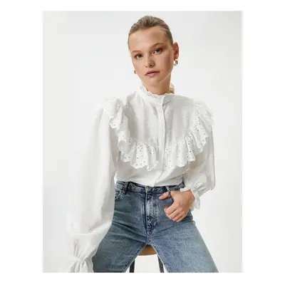 Koton Balloon Sleeve Shirt with Scallop Ruffles and Buttons