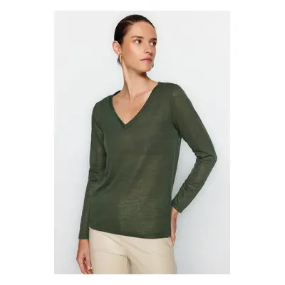 Trendyol Khaki V Neck Linen Look Long Sleeve Regular Fit Knitted Blouse