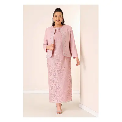 By Saygı Sleeveless Floral Lace Long Dress Stone Detailed Crepe Jacket Lined Plus Size 2-Piece S