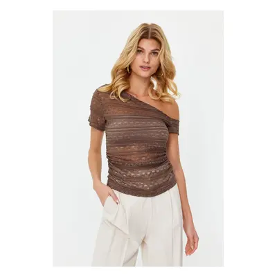 Trendyol Brown Lace Asymmetric Neck Fitted/Situated Knitted Blouse