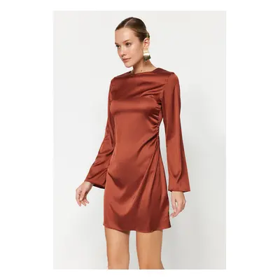 Trendyol Brown Straight Cut Mini Gathered Woven Dress