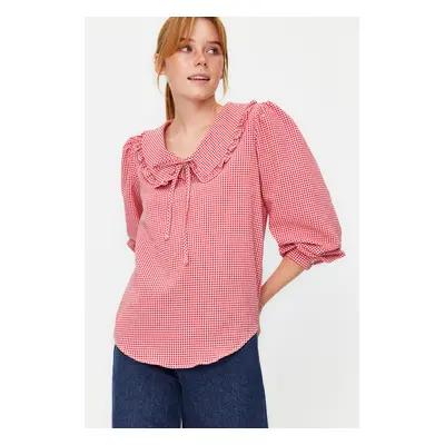 Trendyol Red Collar Detailed Woven Checkered Woven Blouse