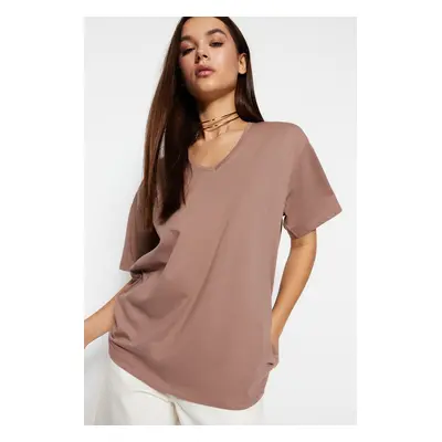 Trendyol Mink 100% Cotton Oversize/Wide Fit V-Neck Knitted T-Shirt