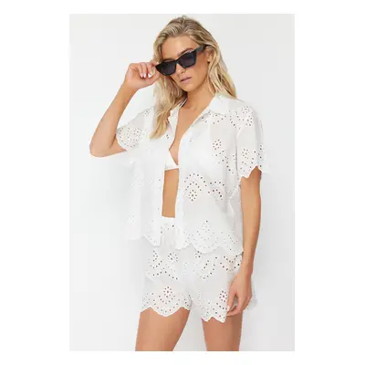 Trendyol White Woven Embroidery 100% Cotton Shirt Shorts Set