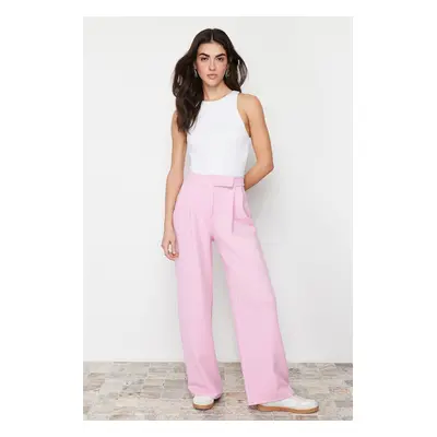 Trendyol Pink Hook and Loop Closure High Waist Pleated Wide Leg/Wide Cut Knitted Trousers