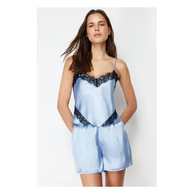 Trendyol Blue Lace Detailed Rope Strap Satin Woven Pajama Set