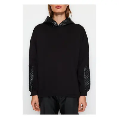 Trendyol Black Thick Fleece Quilted Oversize/Wide Cut Hooded Knitted Sweatshirt