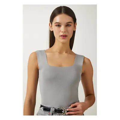 Happiness İstanbul Women's Gray Square Neck Knitwear Crop Blouse