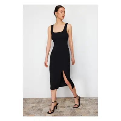 Trendyol Black itted/Fitting Slit Square Neck Stretchy Knitted Midi Pencil Dress