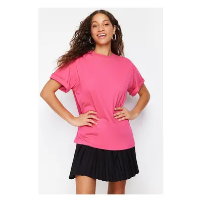 Trendyol Fuchsia 100% Cotton Oversize/Wide Mold Crew Neck Knitted T-Shirt