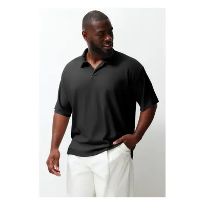 Trendyol Limited Edition Large Size Black Oversize Textured Ottoman Polo Collar T-Shirt