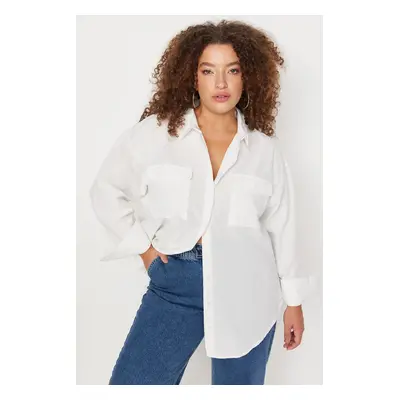 Trendyol Curve Ecru Cotton Long Sleeve Double Pocket Skirt Slit Poplin Woven Plus Size Shirt