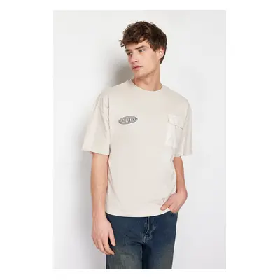 Trendyol Stone Oversize Special Pocket Detailed Printed 100% Cotton T-Shirt