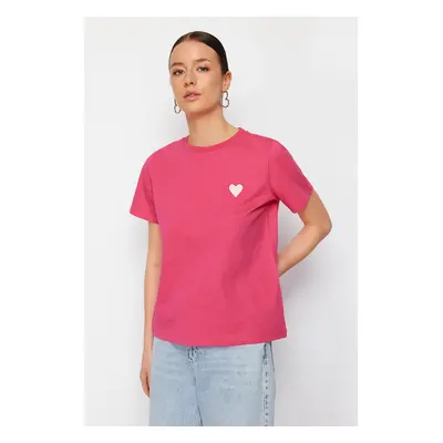 Trendyol Pink Cotton Leaf/Glossy Heart Embroidery Regular/Regular Fit Knitted T-Shirt