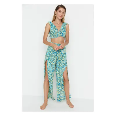 Trendyol Green Floral Print Beach Top-Top Set with a slit