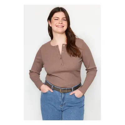 Trendyol Curve Mink Crew Neck Plain Basic Ribbed Knitted Blouse