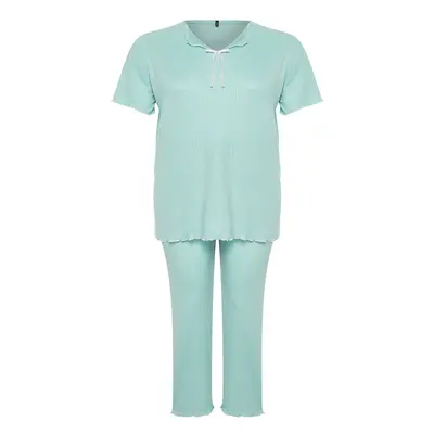 Trendyol Curve Mint Bow Detailed Camisole Knitted Pajamas Set