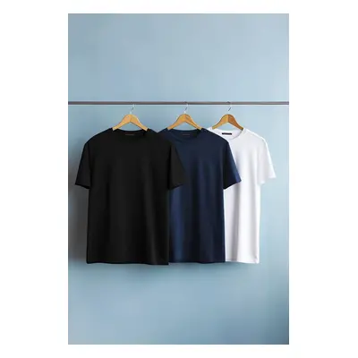 Trendyol Black-Navy Blue-White Large Size 3-Pack Regular/Normal Cut 100% Cotton T-Shirt