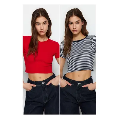 Trendyol Navy Blue Striped-Red Plain 2-Pack Fitted/Simple Crop Corduroy Knit Blouse