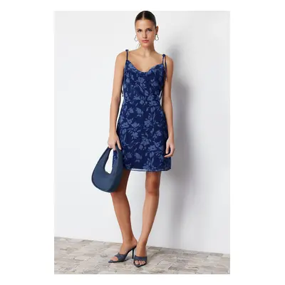 Trendyol Navy Floral A-line Chiffon Mini Lined Woven Dress