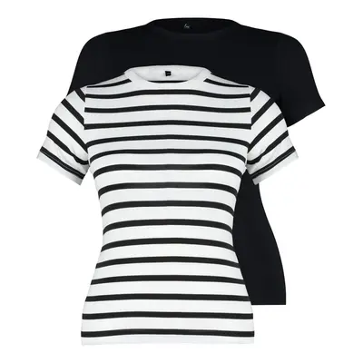 Trendyol Curve Black-Ecru Striped 2-Pack Viscous Stretch Knitted Blouse