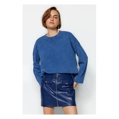 Trendyol Indigo Worn/Faded Effect Relaxed/Comfortable fit Crew Neck Long Sleeve Knitted T-Shirt