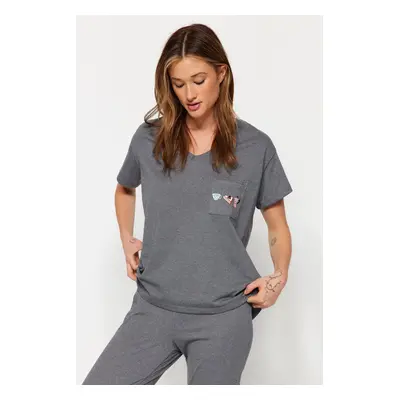 Trendyol Grey Pocket Printed Wide Pattern Tshirt-Pants Knitted Pajama Set