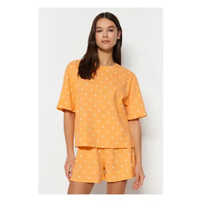 Trendyol Orange 100% Cotton Heart Patterned T-shirt-Shorts Knitted Pajama Set