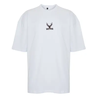 Trendyol White Oversize Deer Embroidered 100% Cotton T-Shirt