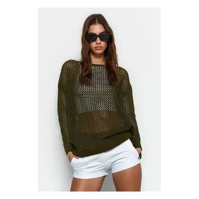 Trendyol Khaki Super Wide Fit Cotton Openwork/Perforated Knitwear Sweater